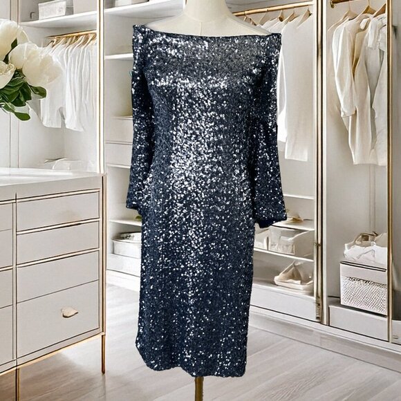 THEIA Midnight Sequin Sheath Dress in Size 10 Fully Lined - Picture 7 of 12